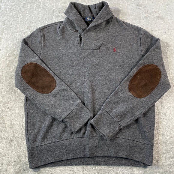 Polo Ralph Lauren Sweater Mens Large Gray Shawl Button Neck Elbow Patches‎ - Picture 1 of 9